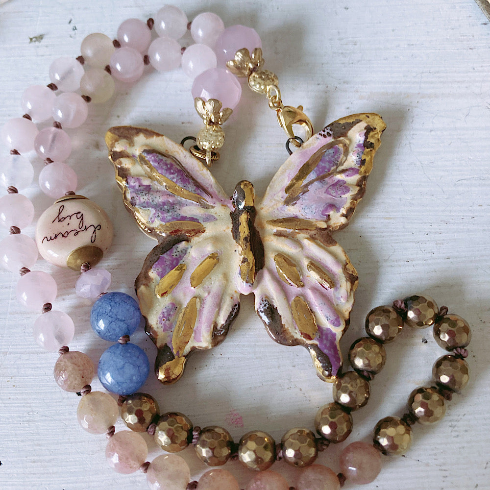 Women’s Spring Butterfly Rose Quartz Amulet Knotted Necklace