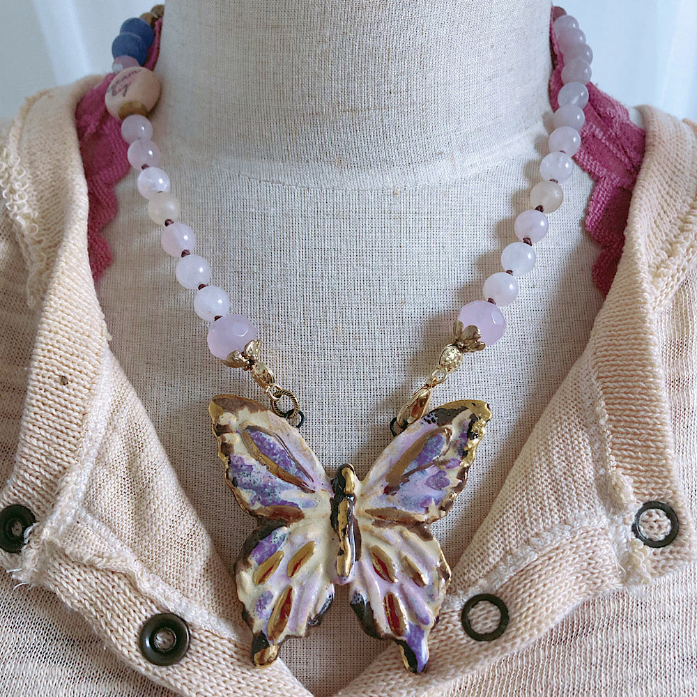 Women’s Spring Butterfly Rose Quartz Amulet Knotted Necklace