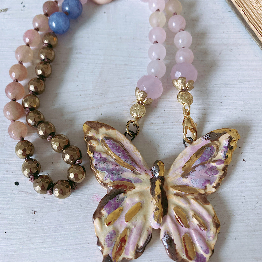 Women’s Spring Butterfly Rose Quartz Amulet Knotted Necklace