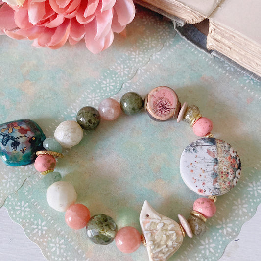 Reserved for a VIP: Women’s Summer Cottagecore Meadow Cottage Enamel Witchy Bird Stretch Bracelet