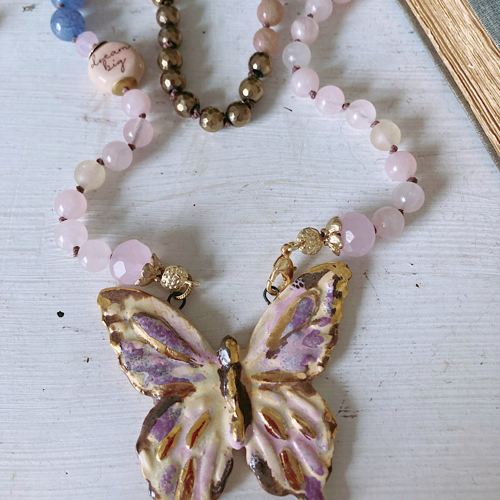 Women’s Spring Butterfly Rose Quartz Amulet Knotted Necklace