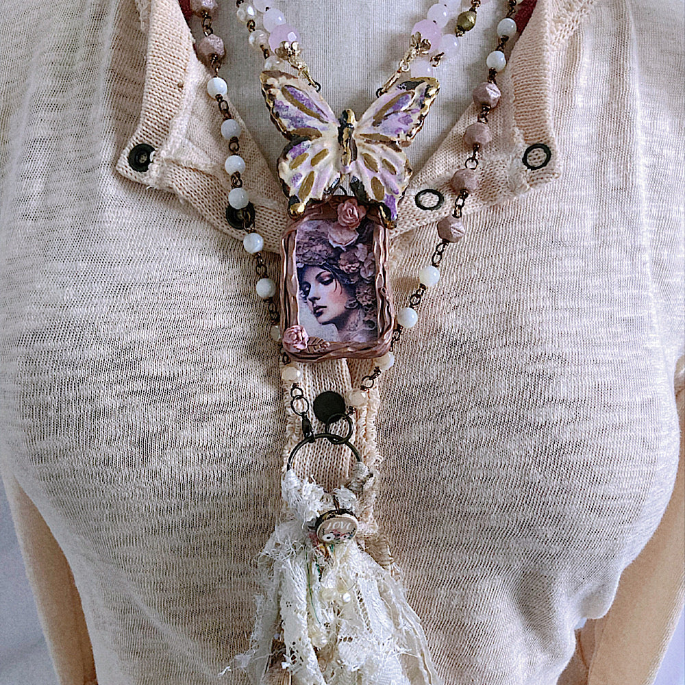 Women’s Spring Butterfly Rose Quartz Amulet Knotted Necklace