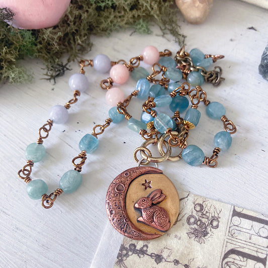 Women’s Mystical Lunar Hare Talisman Spring Cottagecore Rosary Necklace