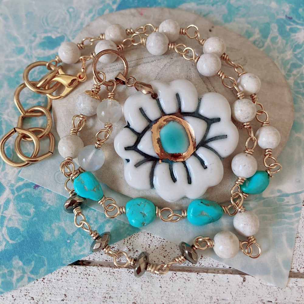 Women’s Protection Eye Porcelain Amulet Mystical Turquoise Summer Rosary Necklace