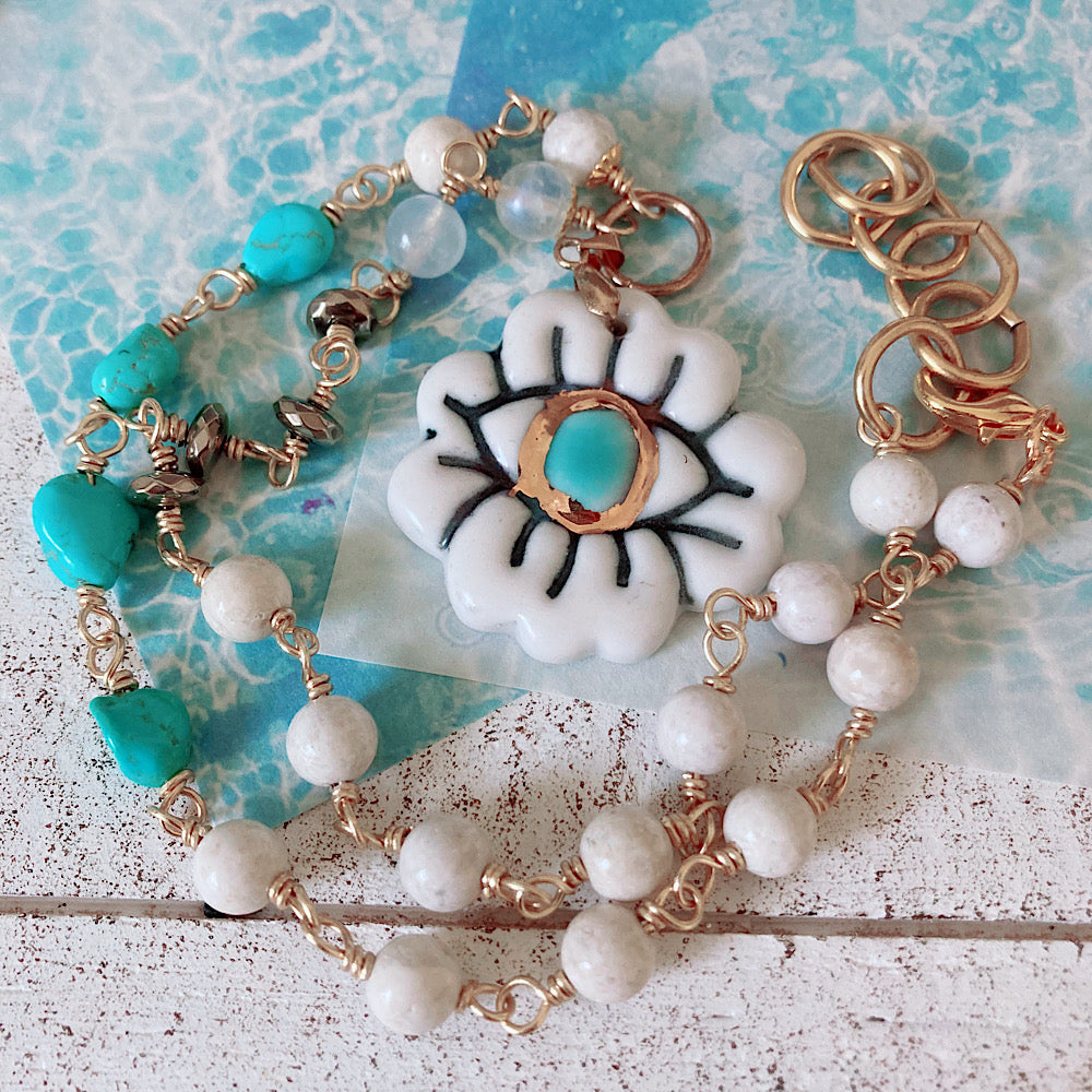 Women’s Protection Eye Porcelain Amulet Mystical Turquoise Summer Rosary Necklace