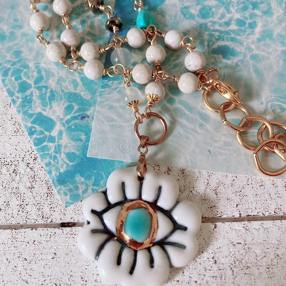 Women’s Protection Eye Porcelain Amulet Mystical Turquoise Summer Rosary Necklace