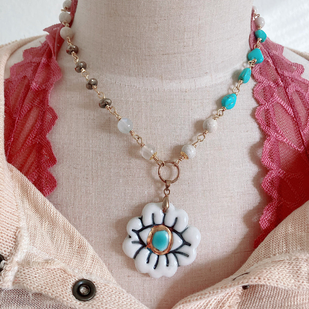 Women’s Protection Eye Porcelain Amulet Mystical Turquoise Summer Rosary Necklace