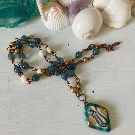 Women’s Beach Tidal Magic Mermaid Enamel Ocean Storm Rosary Necklace