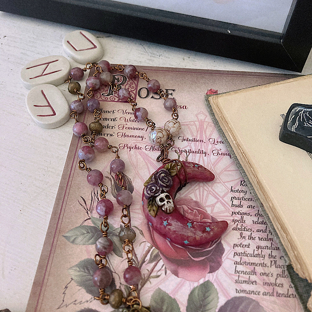 Women’s Blood Moon Autumn Mystical Skull Rosary Necklace