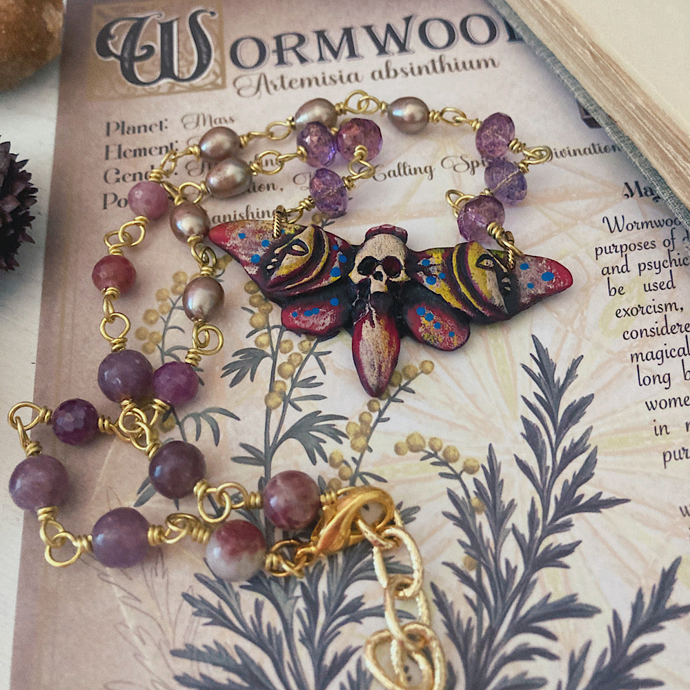 Women’s Fall Death-Moth Ruby Mystical Spooky Halloween Talisman Rosary Necklace