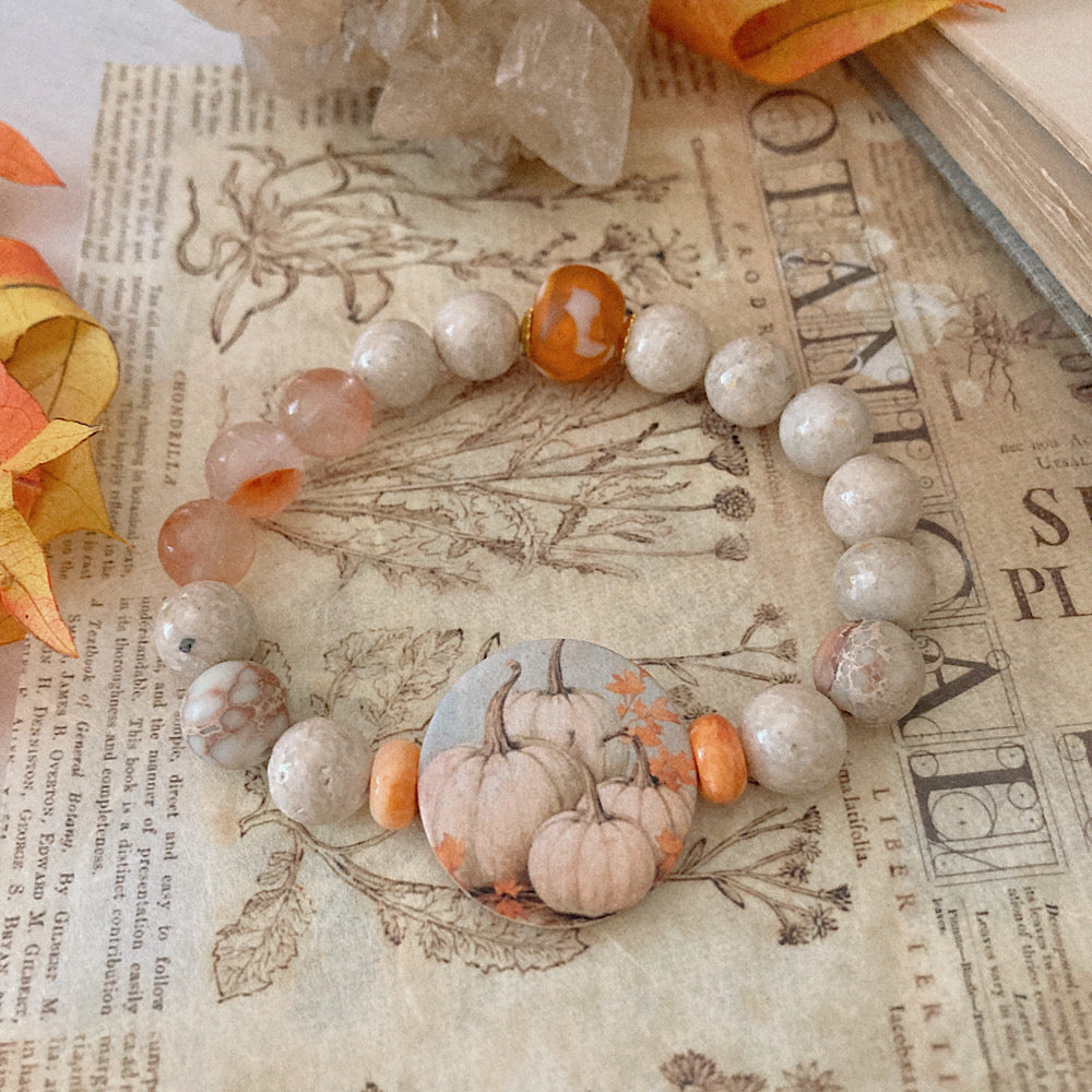 Women’s Shabby Boho-Chic Autumn Cottagecore Pumpkins Rustic Stretch Bracelet