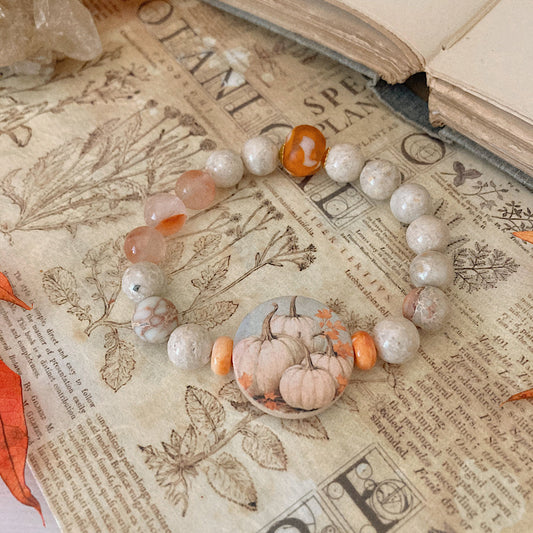 Women’s Shabby Boho-Chic Autumn Cottagecore Pumpkins Rustic Stretch Bracelet