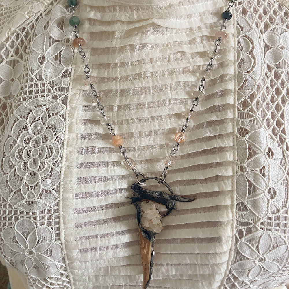 Women’s Autumn Hunter’s Moon Wolf and Antler Divine Masculine Talisman Cottagecore Emerald Rosary Necklace