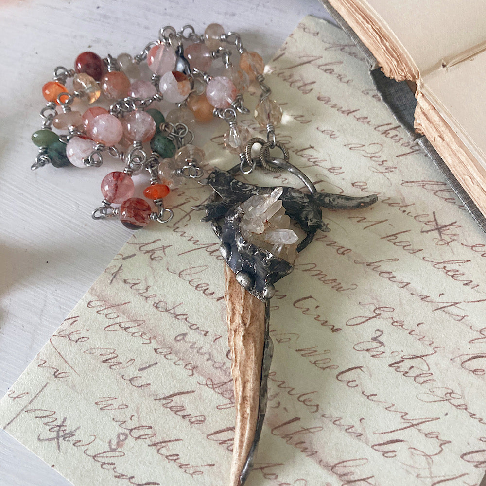 Women’s Autumn Hunter’s Moon Wolf and Antler Divine Masculine Talisman Cottagecore Emerald Rosary Necklace