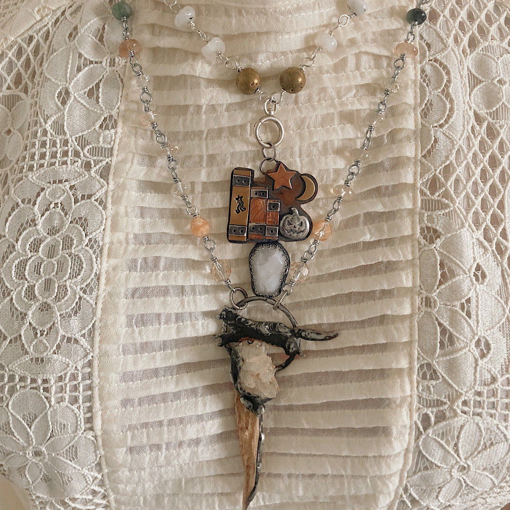 Women’s Autumn Hunter’s Moon Wolf and Antler Divine Masculine Talisman Cottagecore Emerald Rosary Necklace
