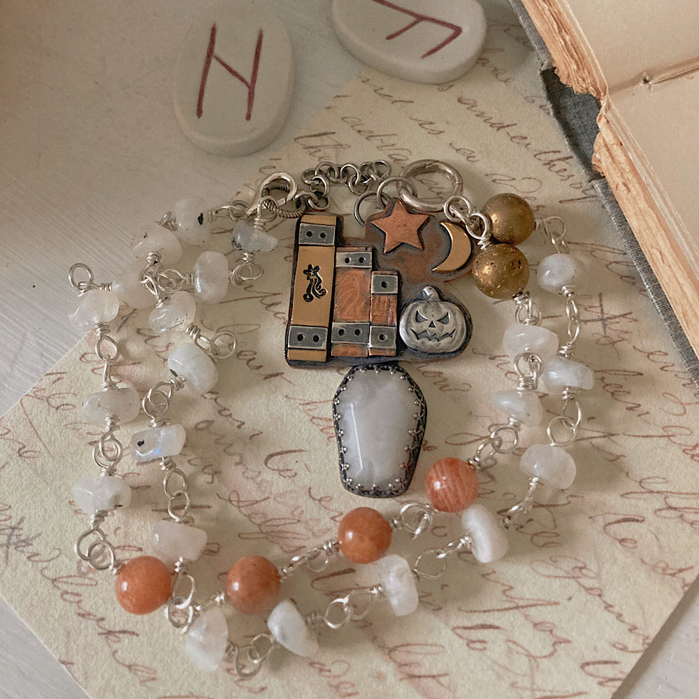 Women’s Autumn Nights Spellbook Pumpkin Halloween Witch Talisman Rosary Necklace