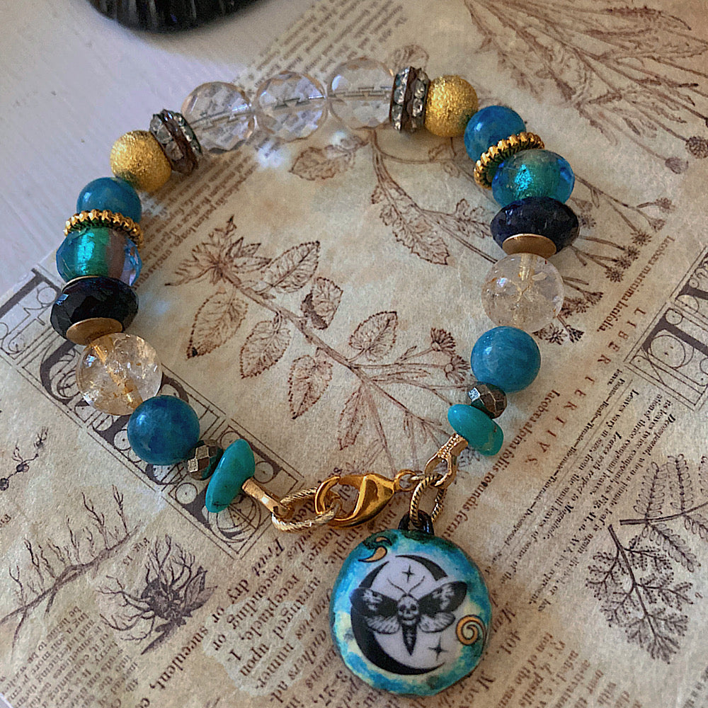 Women’s Gothic Death Moth Mystical Teal Dark Academia Turquoise Clasp Bracelet