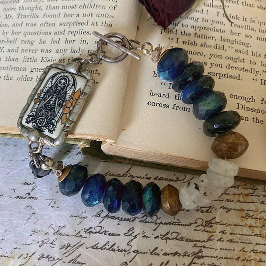 Women’s Enamel Santa Muerte Talisman Sugar Skull Mystical Gothic Skull Labradorite Clasp Bracelet