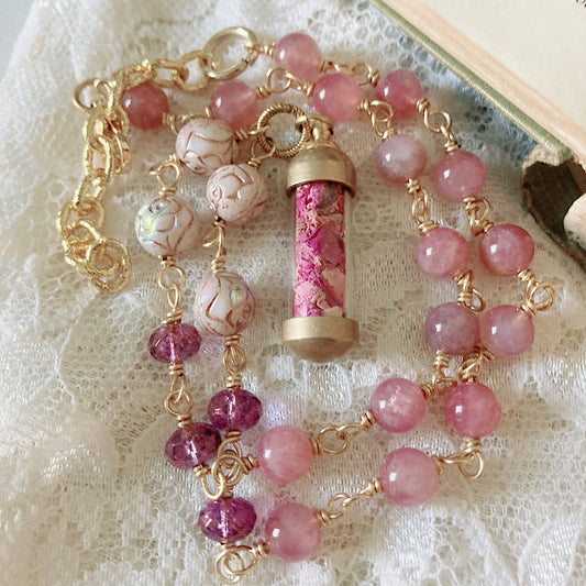 Women’s Spring Shabby Cottagecore Rose Talisman Witchy Rosary Necklace