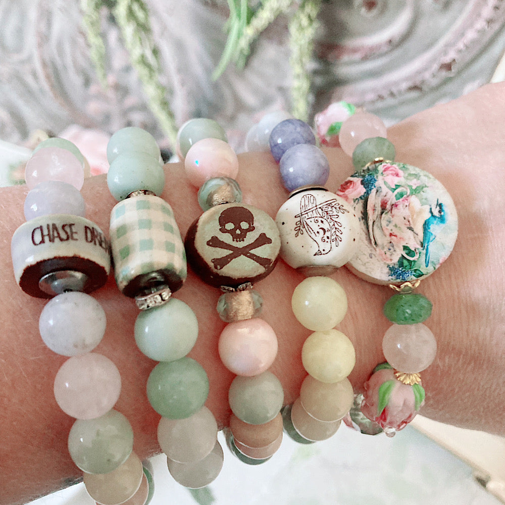 Reserved for a VIP: Women’s Spring Rose Teacup Pastel Whimsy Bluejay Talisman Stretch Bracelet