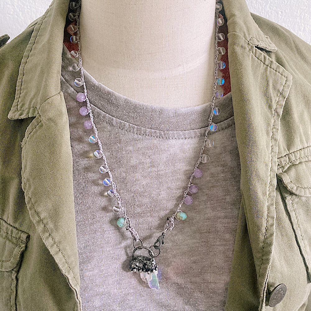 Women’s Spring Magic Pastel Whimsical Mystic Quartz Soldered Raw Crystal Crochet Necklace