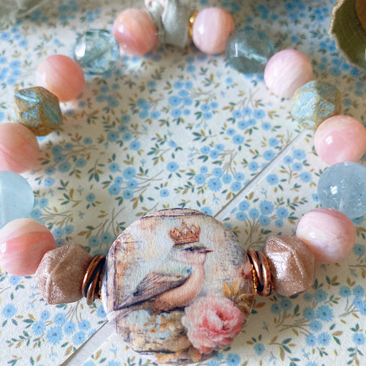 Women’s Spring Shabby Pastel Bird Talisman Whimsical Cottagecore Tassel Stretch Bracelet