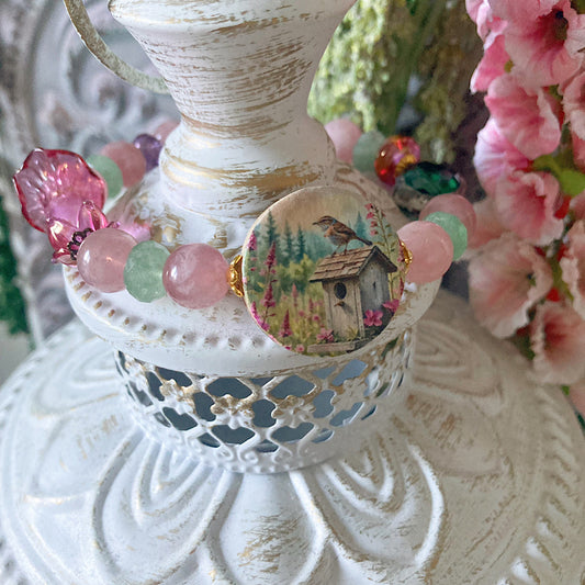 Reserved for a VIP: Women’s Spring Pastel Witchy Cottagecore Foxglove Talisman Rose Quartz Stretch Bracelet