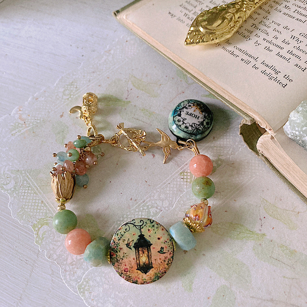 Women’s Spring Talisman Whimsy Pastel Bloom and Hummingbird Lantern Clasp Bracelet