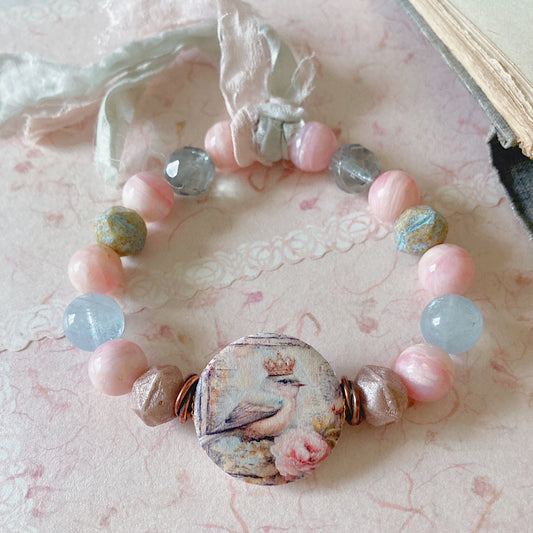 Women’s Spring Shabby Pastel Bird Talisman Whimsical Cottagecore Tassel Stretch Bracelet