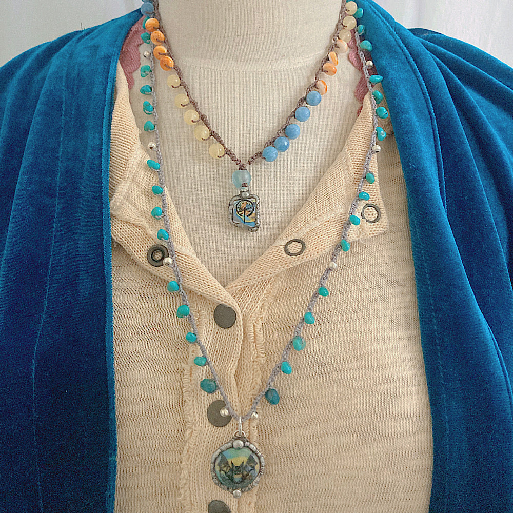 Women’s Enamel Bat Rustic Talisman Genuine Turquoise Crochet Necklace