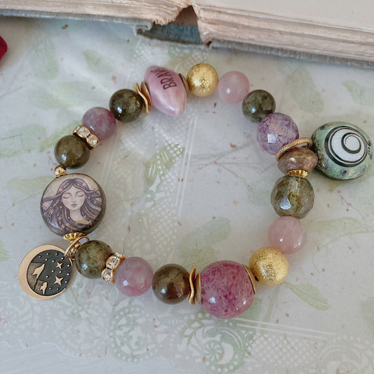 Women’s Summer Mountain Wild Rose Talisman Ceramic Garnet Cottagecore Stretch Bracelet