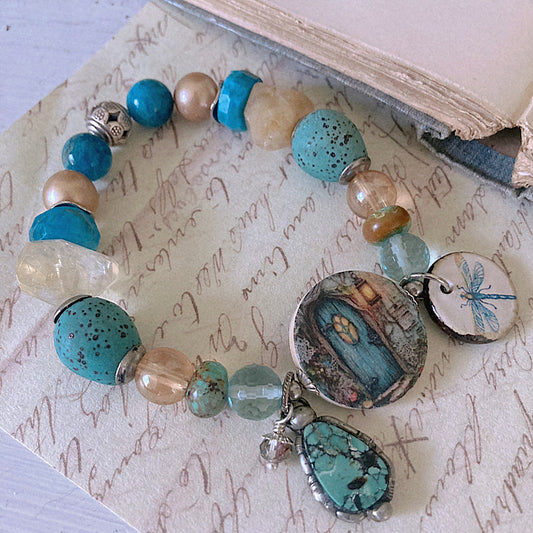 Reserved for VIP: Women’s Summer Mountain Door Turquoise and Citrine Dragonfly Mystical Boho Stretch Bracelet