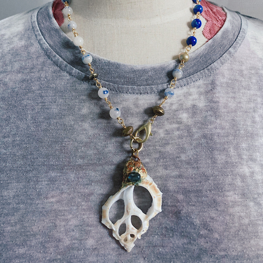 Women’s Beach Seashell Boho Lapis Stormy Seas Rosary Necklace