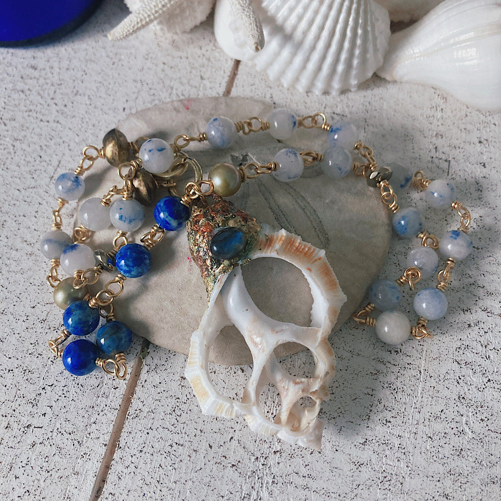 Women’s Beach Seashell Boho Lapis Stormy Seas Rosary Necklace