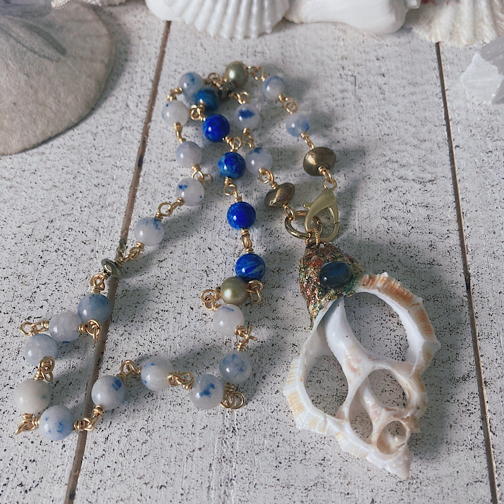 Women’s Beach Seashell Boho Lapis Stormy Seas Rosary Necklace