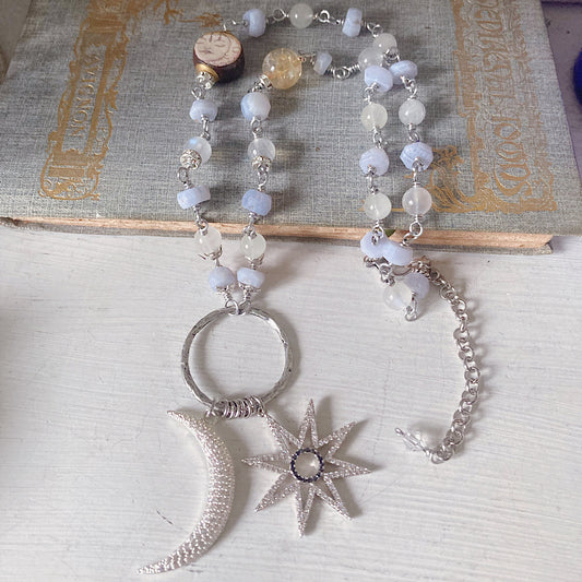 Women’s Winter Moon and Star Celestial Gemstone Mystical Rosary Necklace