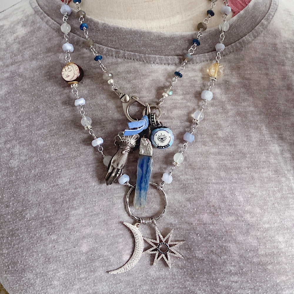 Women’s Winter Moon and Star Celestial Gemstone Mystical Rosary Necklace
