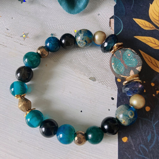 Women’s Dark Cottagecore Night Moth Mystical Boho Apatite Stretch Bracelet