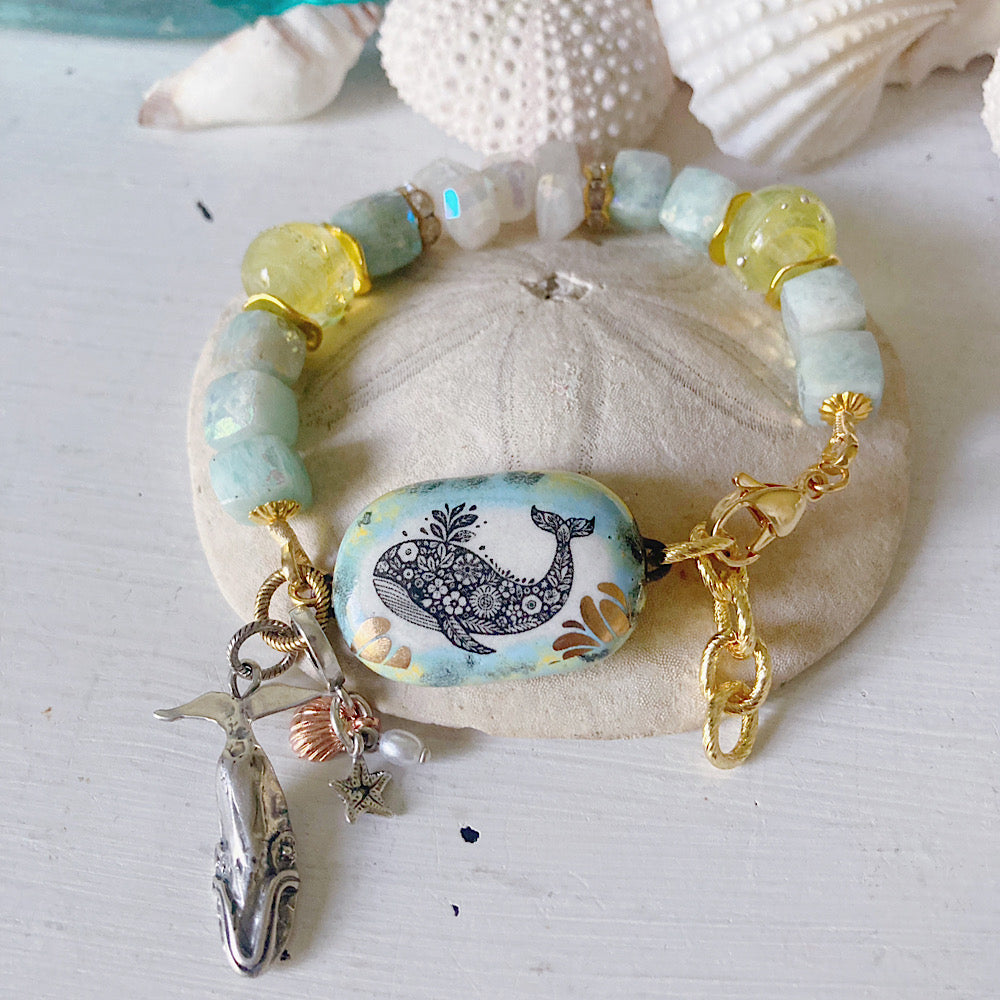 Reserved for VIP: Women’s Summer Beachy Whale Animal Talisman Enamel Amazonite Surfer Clasp Bracelet