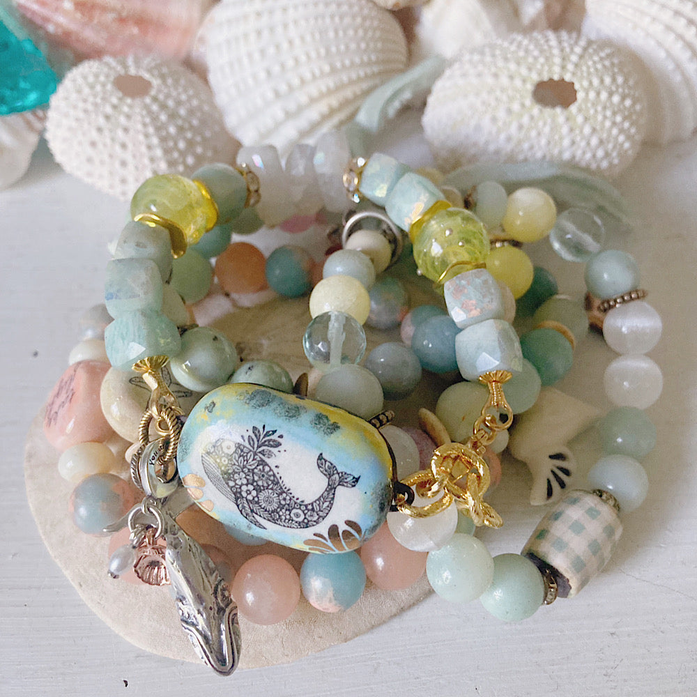 Reserved for VIP: Women’s Summer Beachy Whale Animal Talisman Enamel Amazonite Surfer Clasp Bracelet