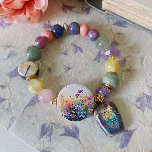 Reserved for VIP: Women’s Summer Cottagecore Sunrise Meadow Dragonfly Enamel Stretch Bracelet