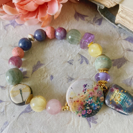 Reserved for VIP: Women’s Summer Cottagecore Sunrise Meadow Dragonfly Enamel Stretch Bracelet