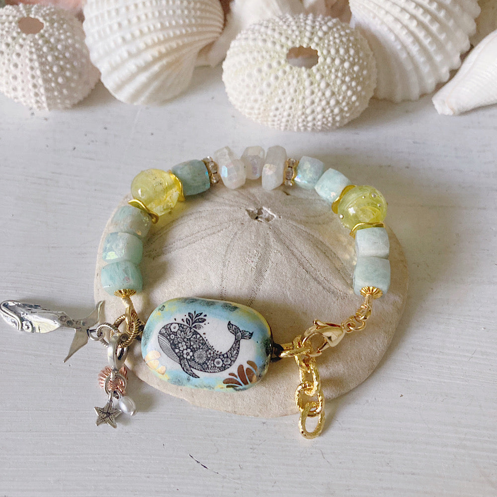 Reserved for VIP: Women’s Summer Beachy Whale Animal Talisman Enamel Amazonite Surfer Clasp Bracelet