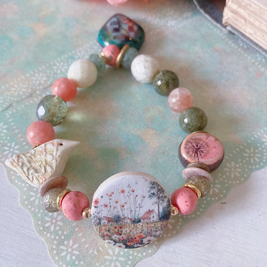 Reserved for a VIP: Women’s Summer Cottagecore Meadow Cottage Enamel Witchy Bird Stretch Bracelet