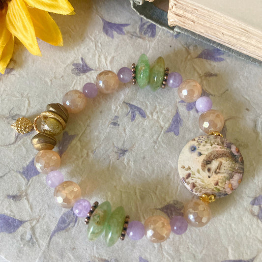 Reserved for VIP: Women’s Meadow Hedgehog Spirit Animal and Thistle Cottagecore Nature Lover’s Stretch Bracelet