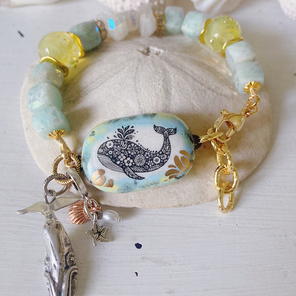 Reserved for VIP: Women’s Summer Beachy Whale Animal Talisman Enamel Amazonite Surfer Clasp Bracelet