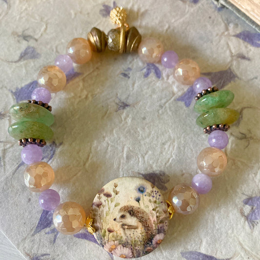Reserved for VIP: Women’s Meadow Hedgehog Spirit Animal and Thistle Cottagecore Nature Lover’s Stretch Bracelet