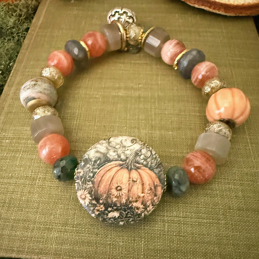Women’s Fall Pumpkin Rustic Moonstone Talisman Dark Academia Stretch Bracelet