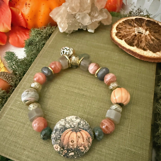 Women’s Fall Pumpkin Rustic Moonstone Talisman Dark Academia Stretch Bracelet