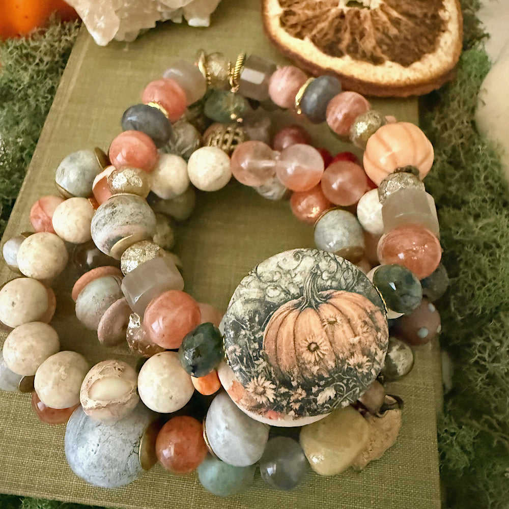 Women’s Fall Pumpkin Rustic Moonstone Talisman Dark Academia Stretch Bracelet